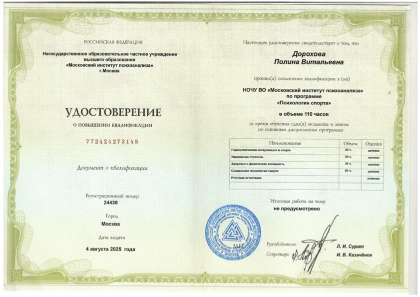 Полина Дорохова — сертификат 2